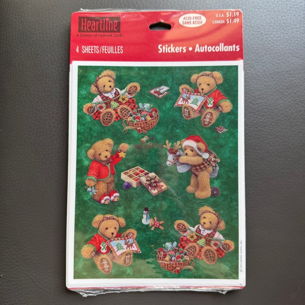 Vtg 90s Hallmark Heartline Sticker Sheets Christmas Teddy Bears Deadstock NOS